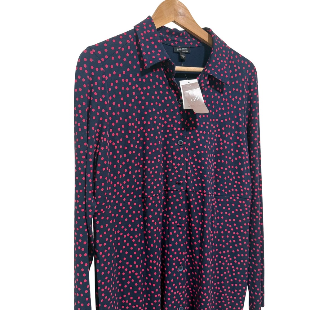 J. Jill Wearever Shirt Dress Womens S Navy Pink Polka Dot NWT Midi Button Front